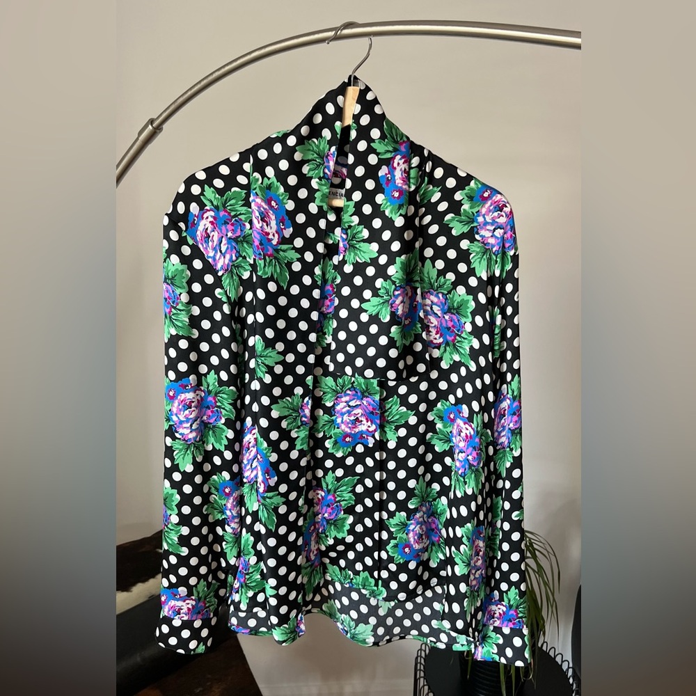 Balenciaga Black and White Polka Dot shirt with Floral Accents